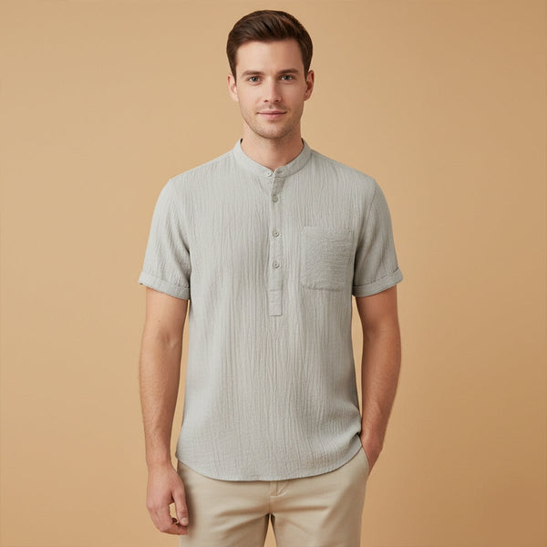 Chemise en lin homme - Manches courtes, col Henley, style pull