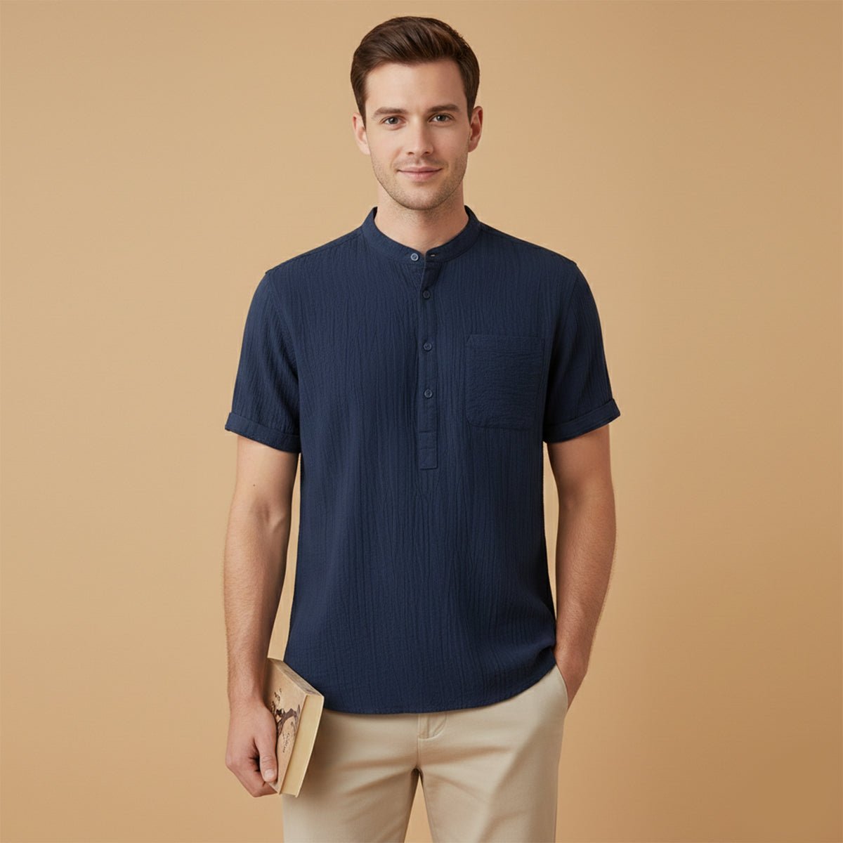 Men's Linen Shirt - Short Sleeve Henley Neck Pullover Style