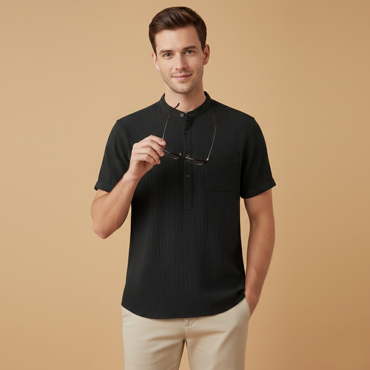 Men's Linen Shirt - Short Sleeve Henley Neck Pullover Style
