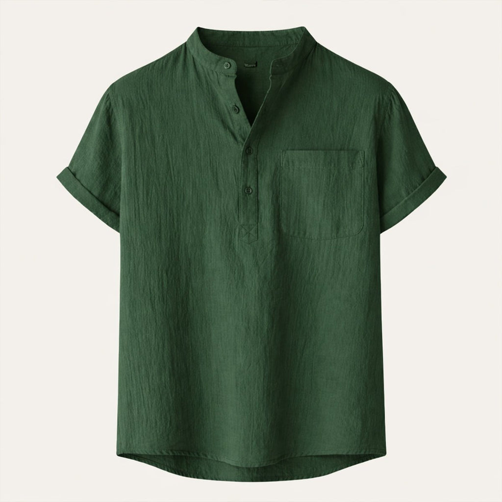 Men's Linen Shirt - Short Sleeve Loose Fit Henley Placket