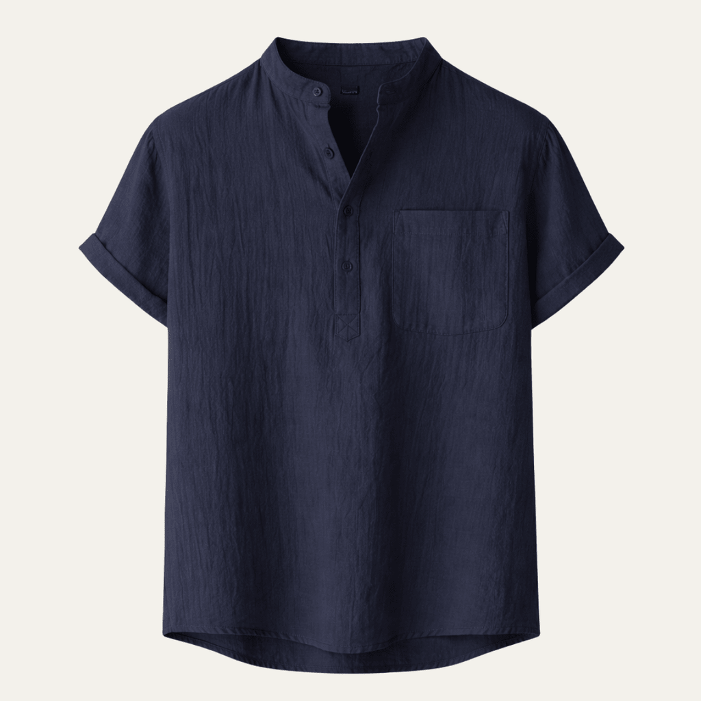 Men's Linen Shirt - Short Sleeve Loose Fit Henley Placket