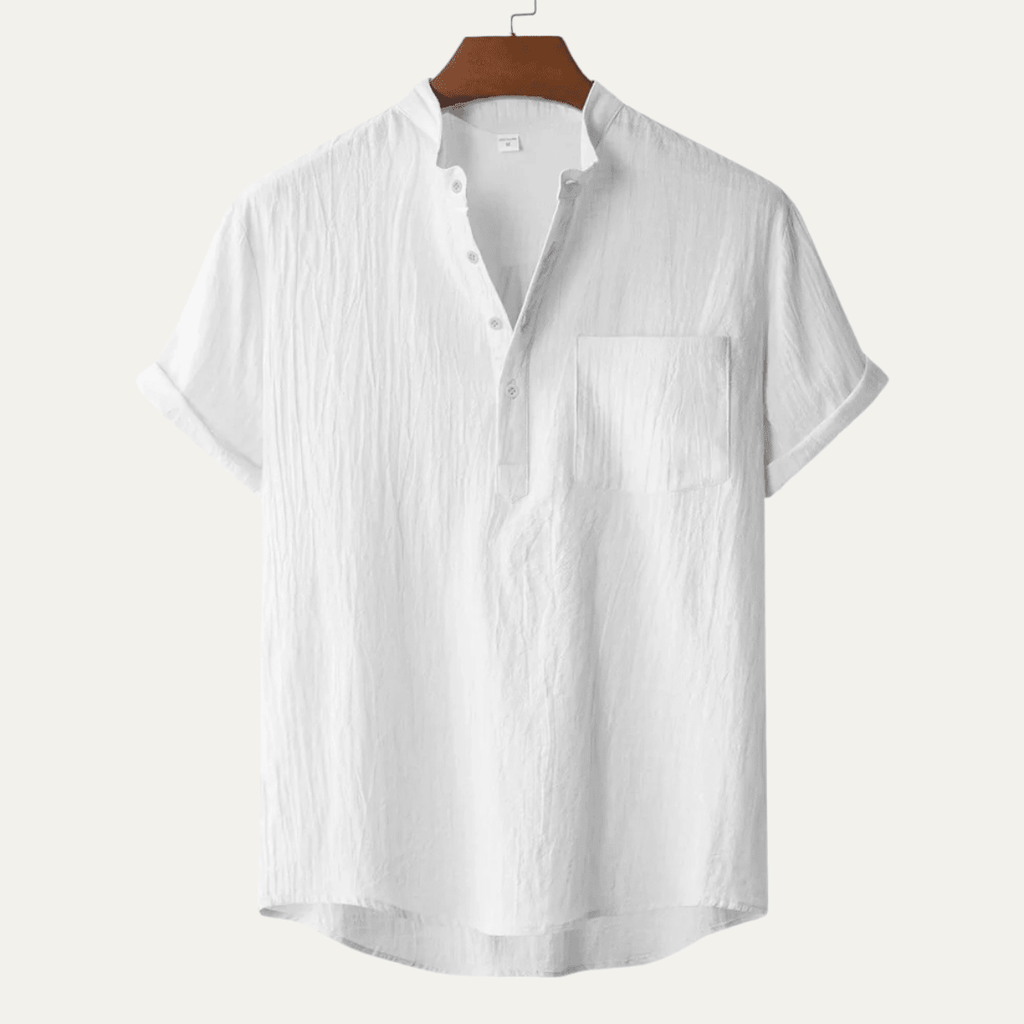 Men's Linen Shirt - Short Sleeve Loose Fit Henley Placket