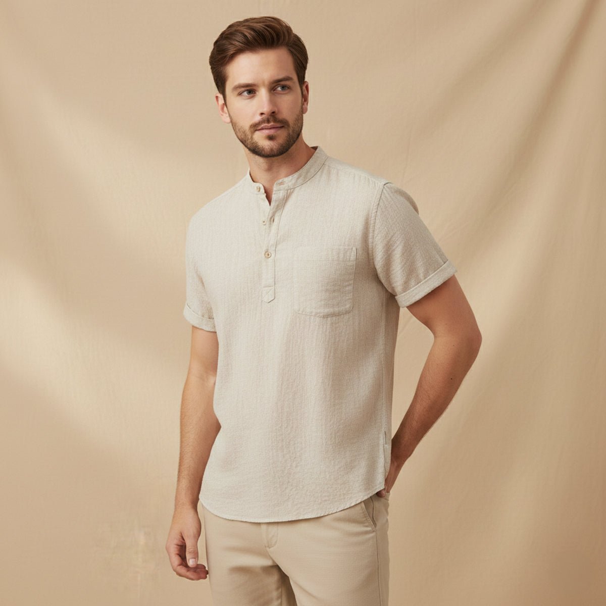 Men's Linen Shirt - Short Sleeve Loose Fit Henley Placket