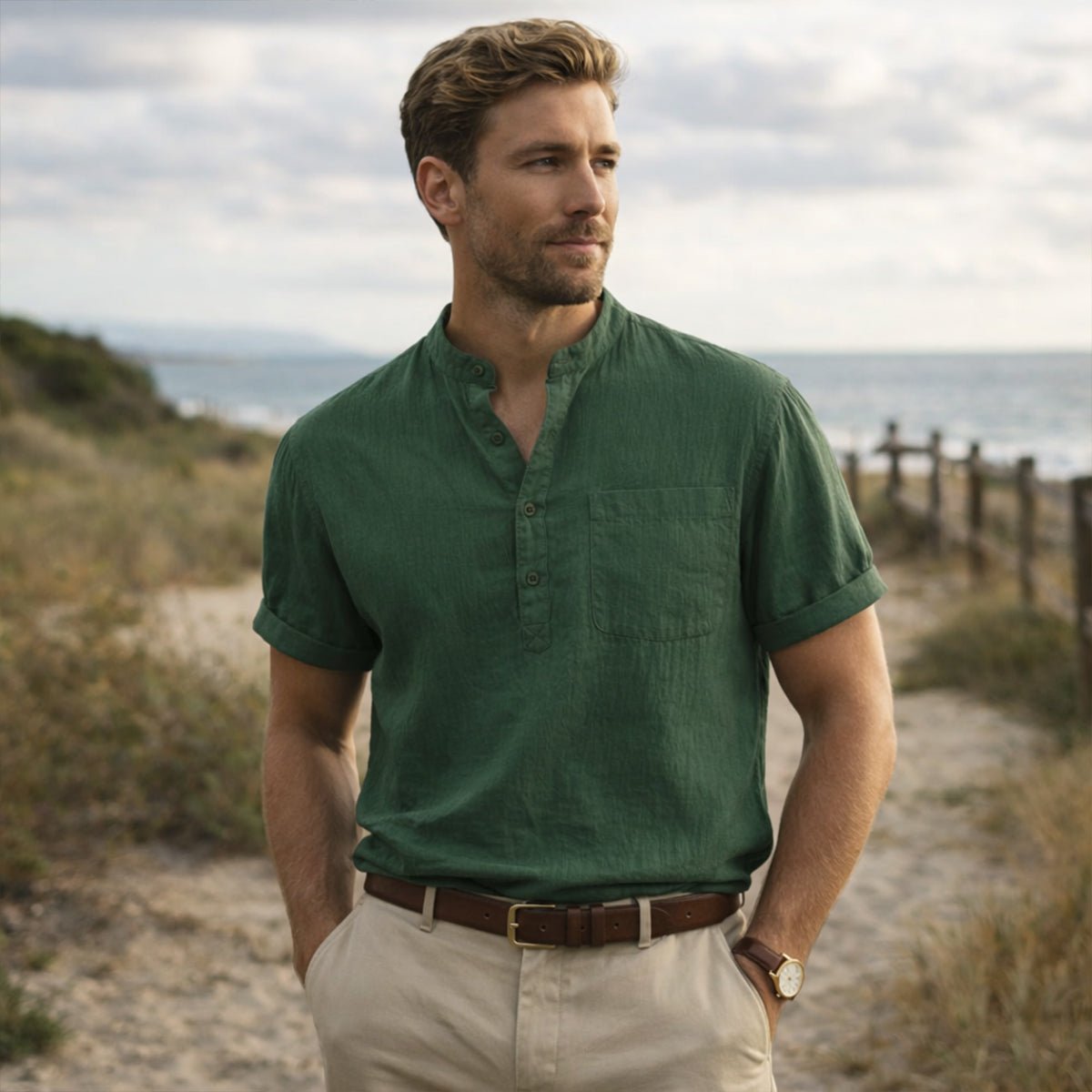 Men's Linen Shirt - Short Sleeve Loose Fit Henley Placket