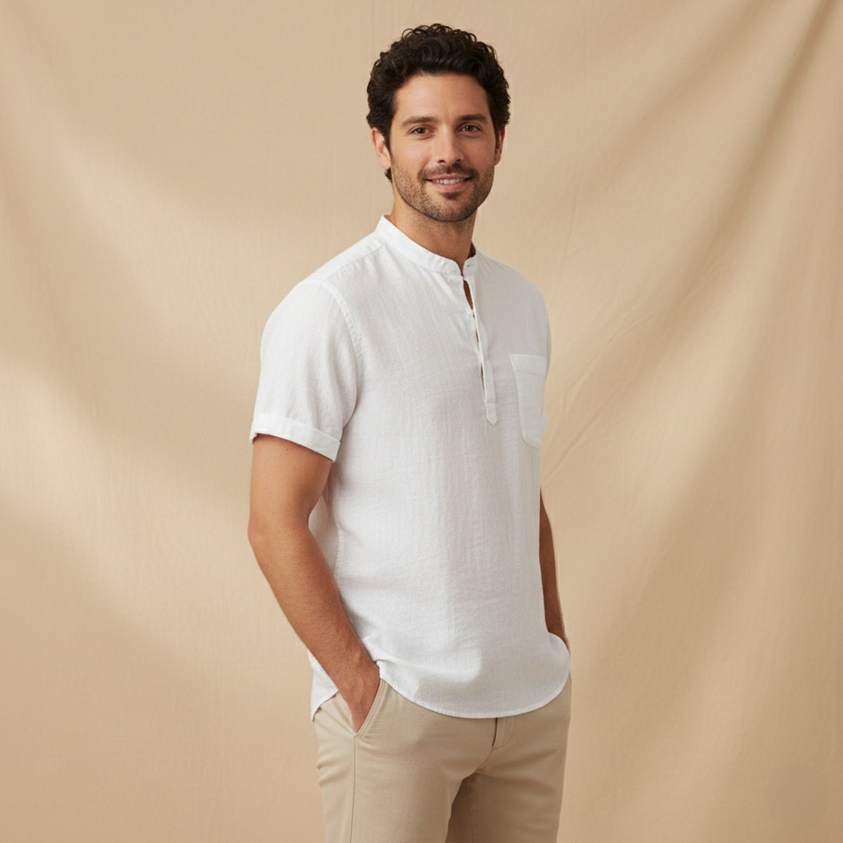 Men's Linen Shirt - Short Sleeve Loose Fit Henley Placket