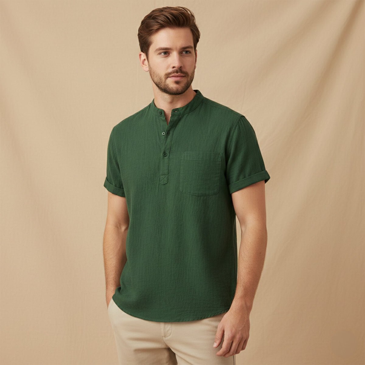Men's Linen Shirt - Short Sleeve Loose Fit Henley Placket