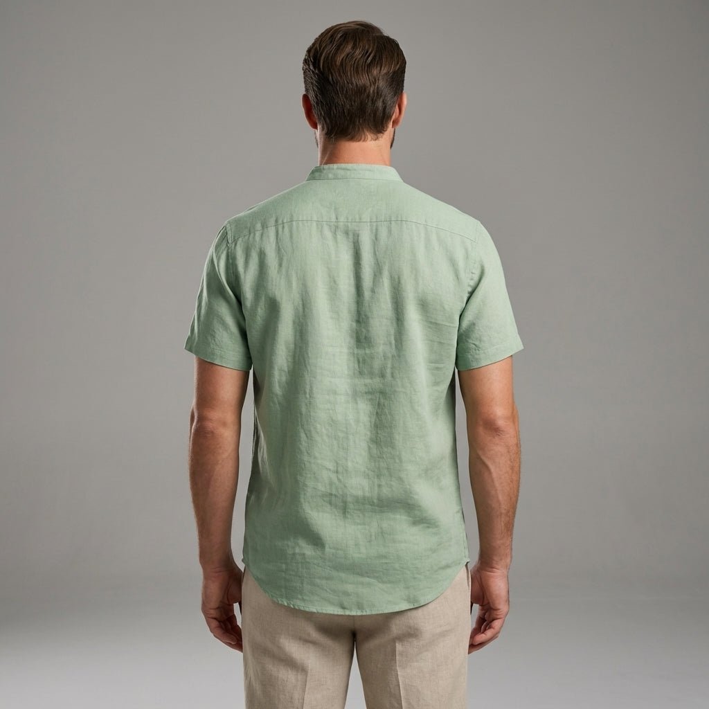 Men's Linen Shirt - Short Sleeve Stand Collar Relaxed Fit