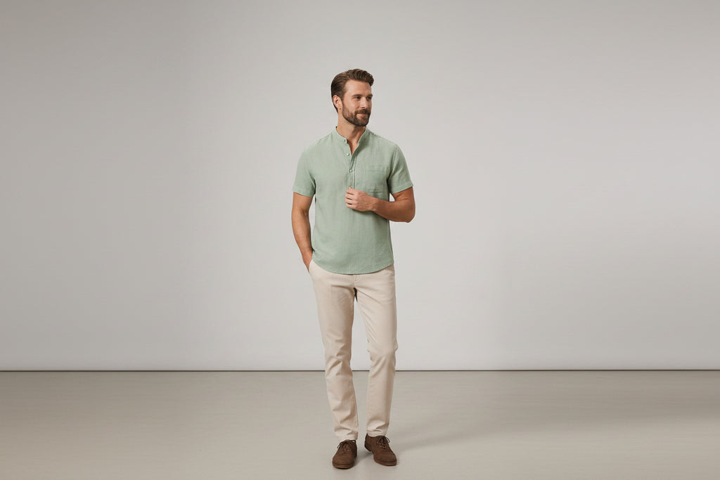 Men's Linen Shirt - Short Sleeve Stand Collar Relaxed Fit