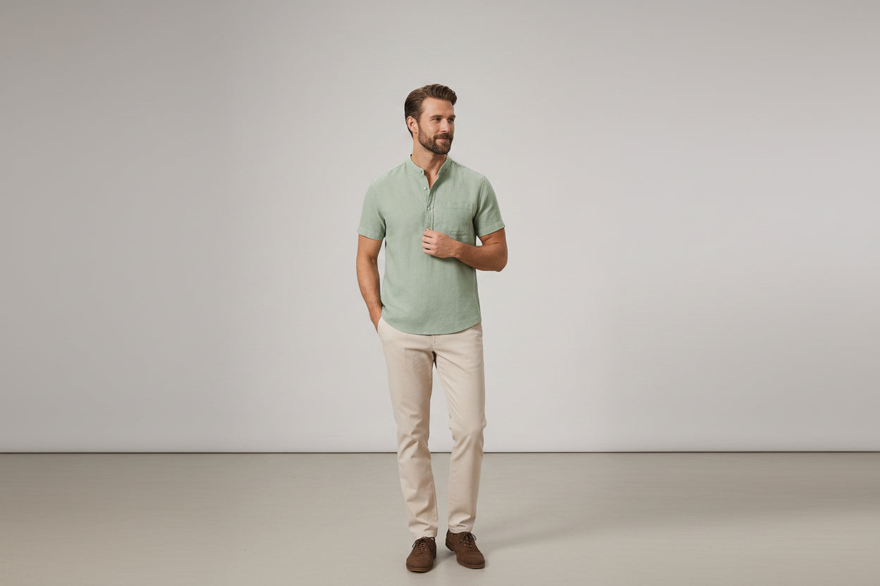 Men's Linen Shirt - Short Sleeve Stand Collar Relaxed Fit