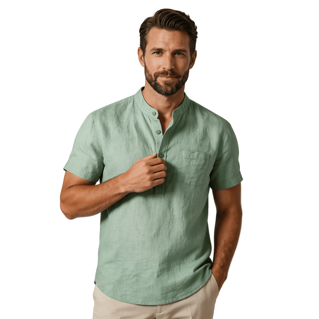 Men's Linen Shirt - Short Sleeve Stand Collar Relaxed Fit