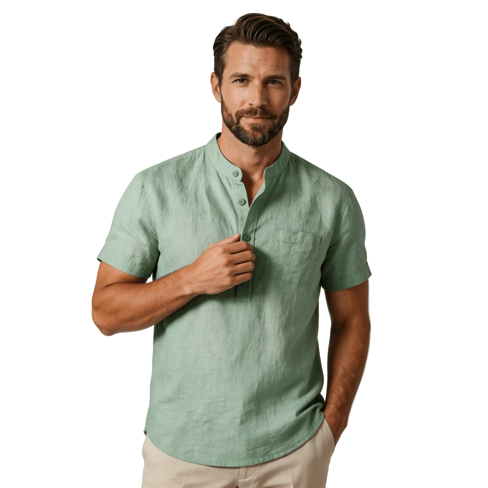 Men's Linen Shirt - Short Sleeve Stand Collar Relaxed Fit