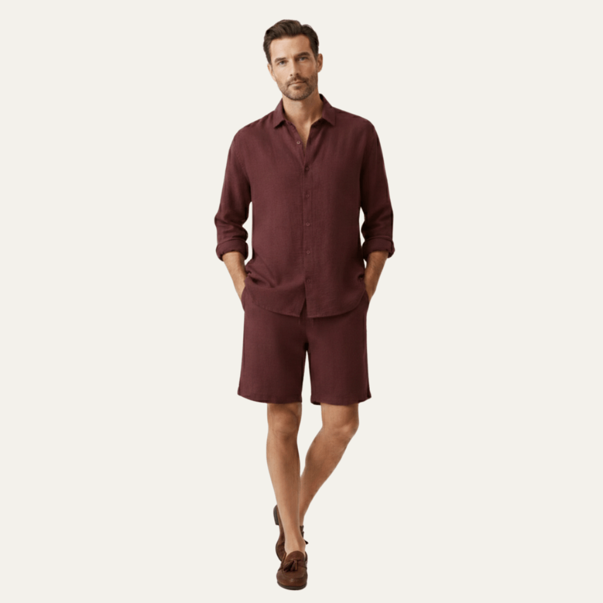 Men's Linen Shirt & Shorts Set - Long Sleeve Loose Fit Button Closure