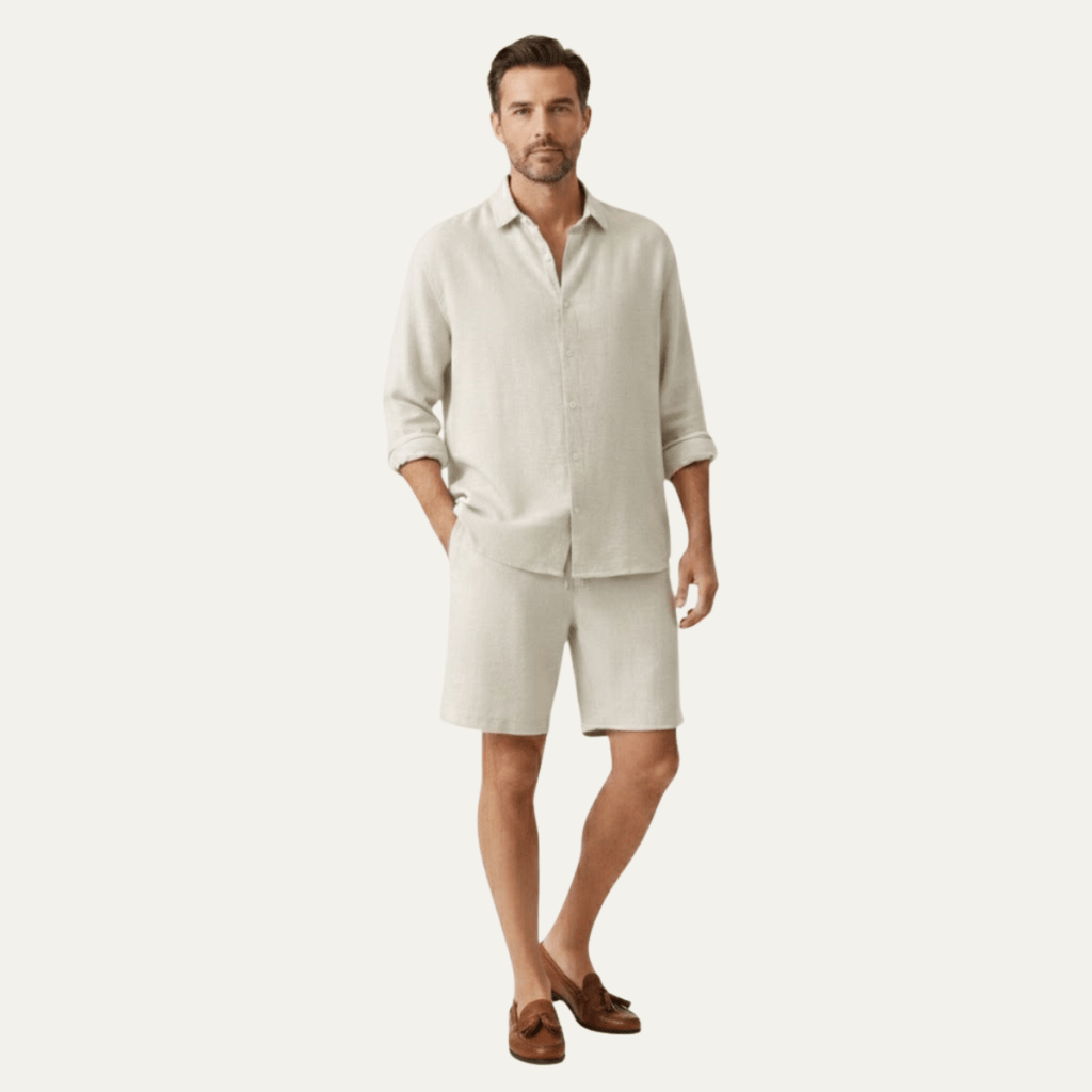 Men's Linen Shirt & Shorts Set - Long Sleeve Loose Fit Button Closure