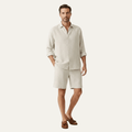 Men's Linen Shirt & Shorts Set - Long Sleeve Loose Fit Button Closure