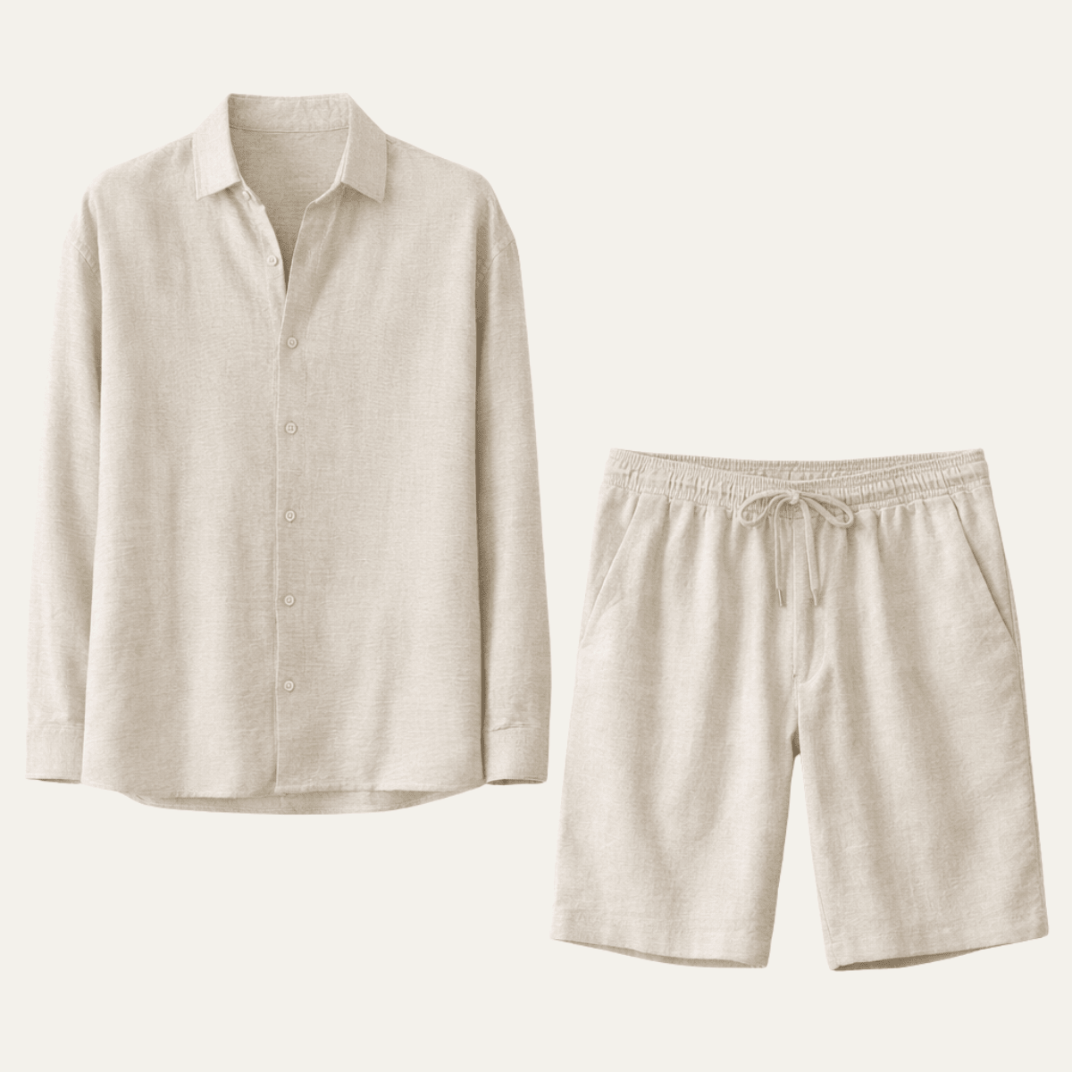 Men's Linen Shirt & Shorts Set - Long Sleeve Loose Fit Button Closure