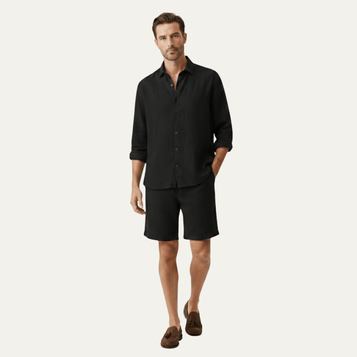 Men's Linen Shirt & Shorts Set - Long Sleeve Loose Fit Button Closure