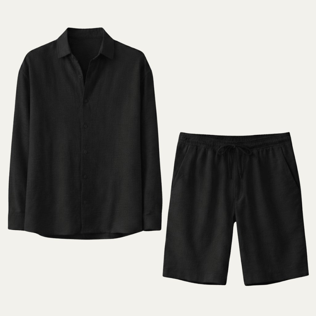 Men's Linen Shirt & Shorts Set - Long Sleeve Loose Fit Button Closure