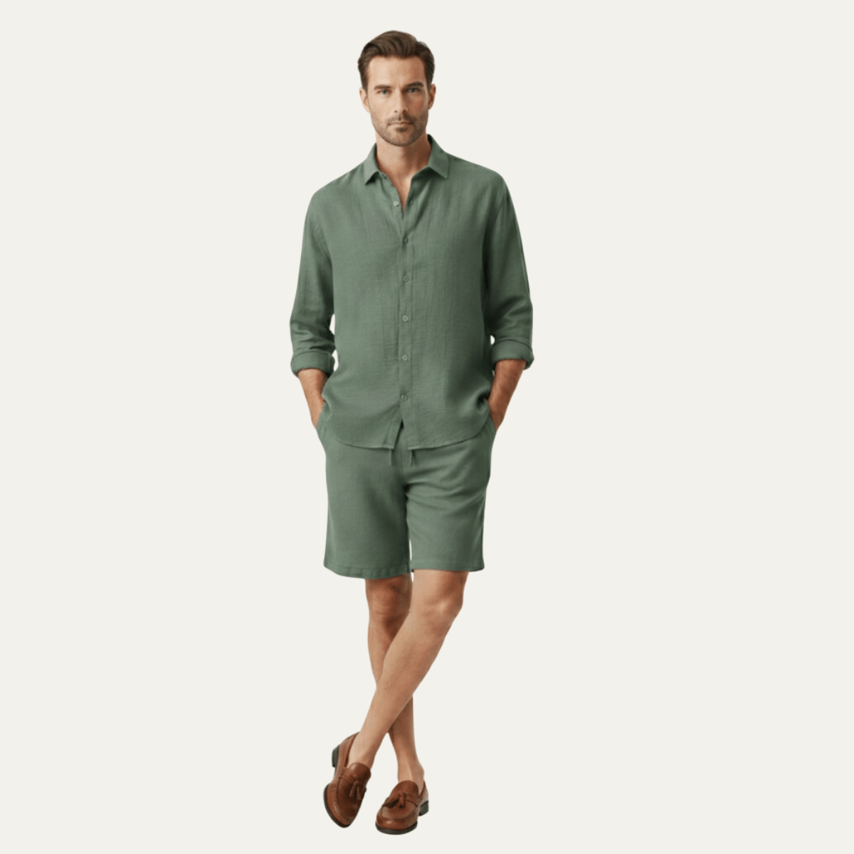 Men's Linen Shirt & Shorts Set - Long Sleeve Loose Fit Button Closure