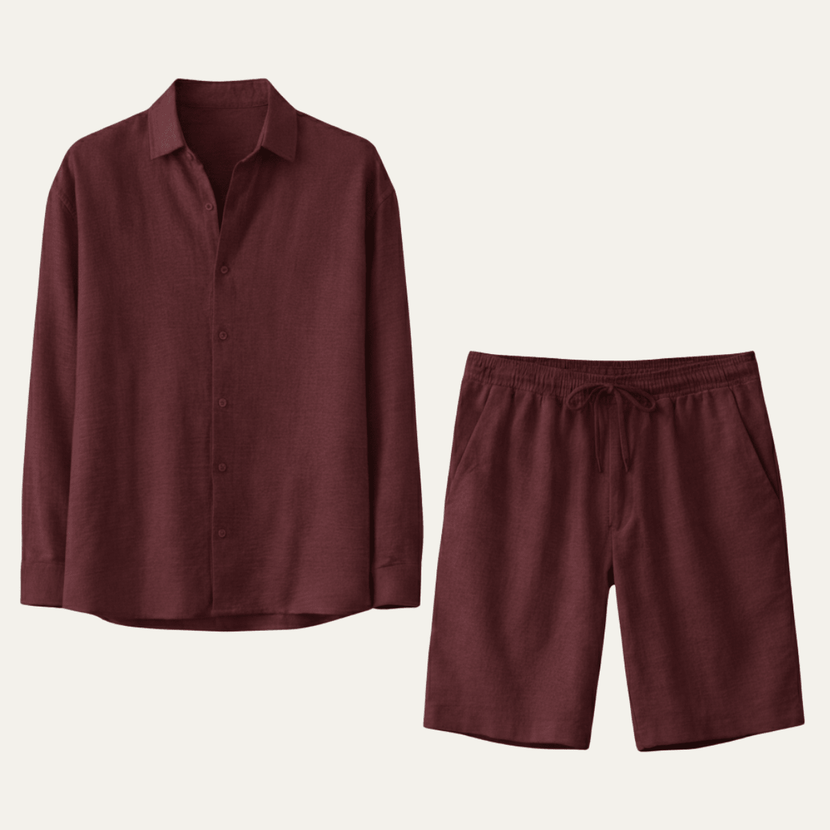 Men's Linen Shirt & Shorts Set - Long Sleeve Loose Fit Button Closure