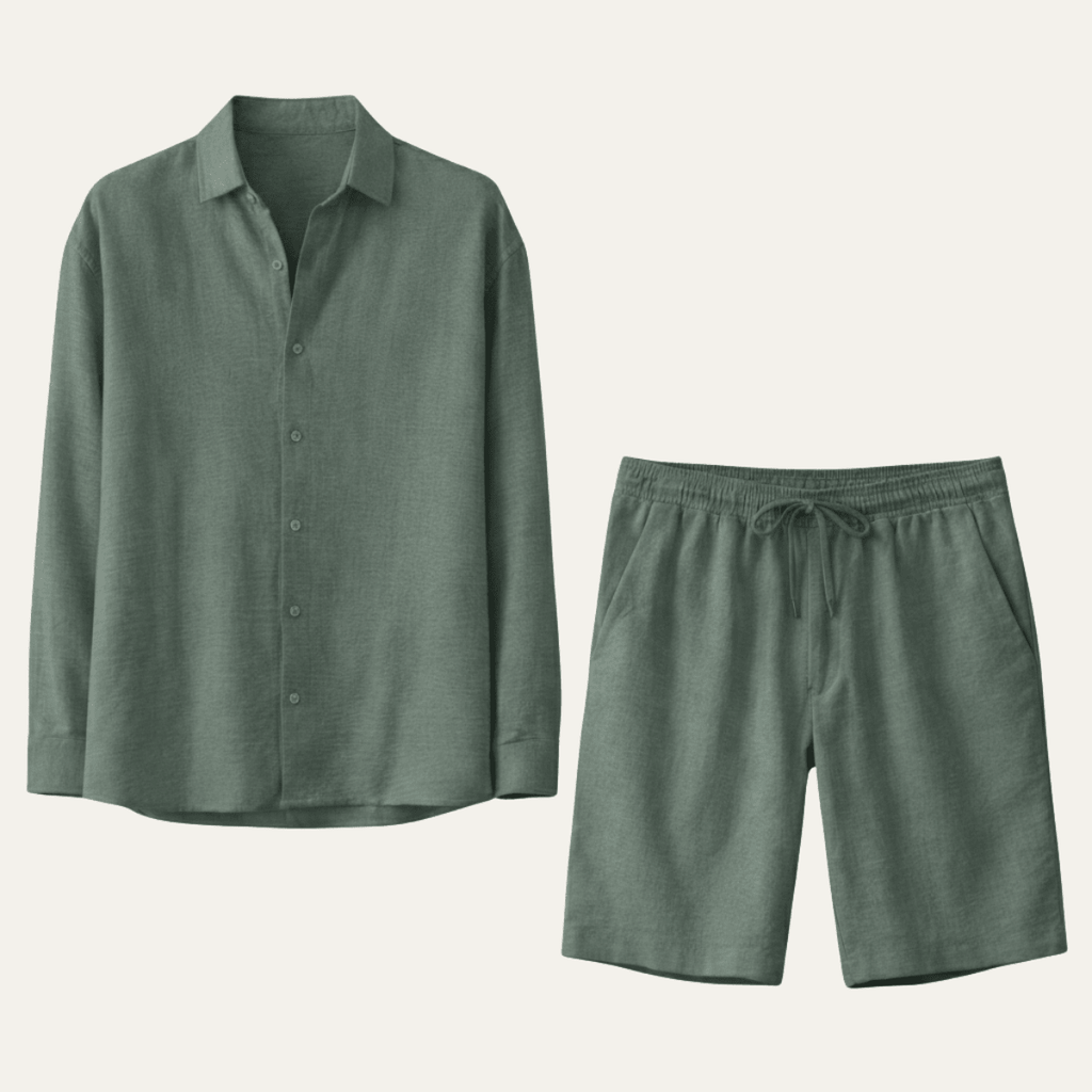 Men's Linen Shirt & Shorts Set - Long Sleeve Loose Fit Button Closure