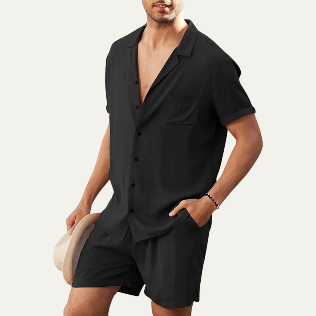 Men's Linen Shirt & Shorts Set - Loose Fit Short Sleeve Button Closure