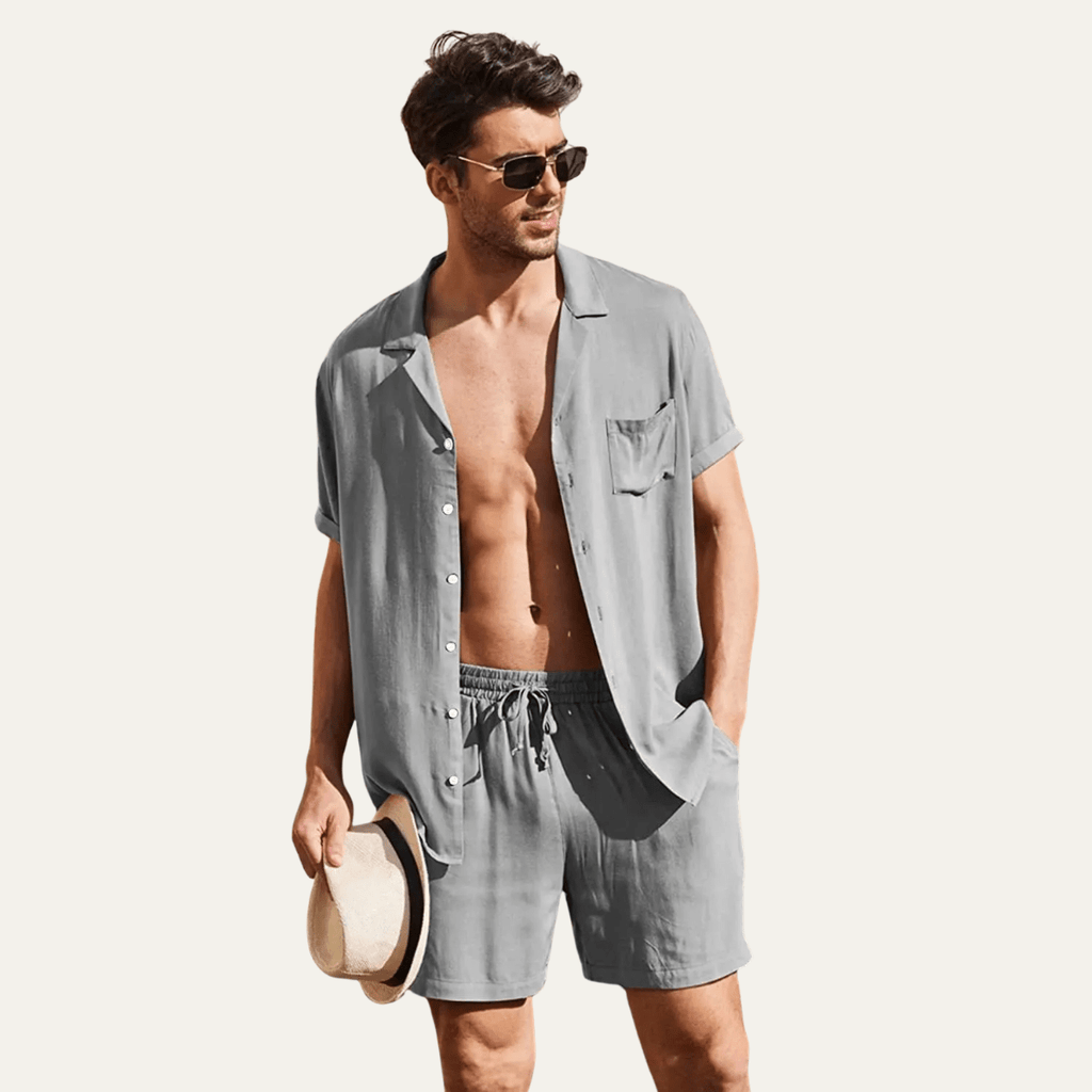 Men's Linen Shirt & Shorts Set - Loose Fit Short Sleeve Button Closure
