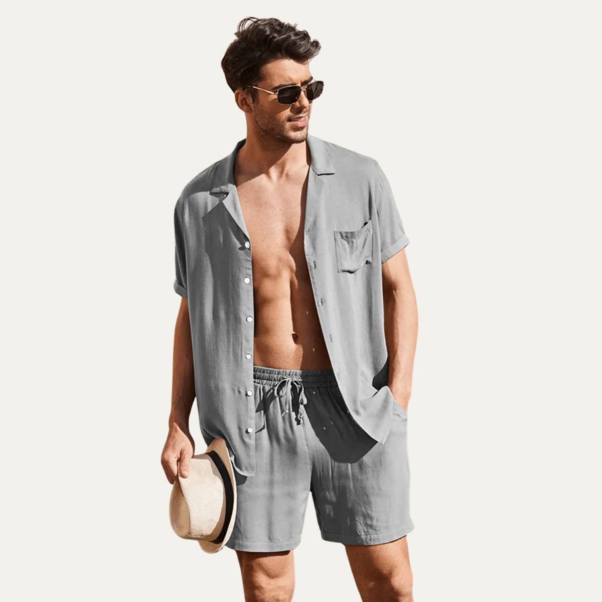 Men's Linen Shirt & Shorts Set - Loose Fit Short Sleeve Button Closure