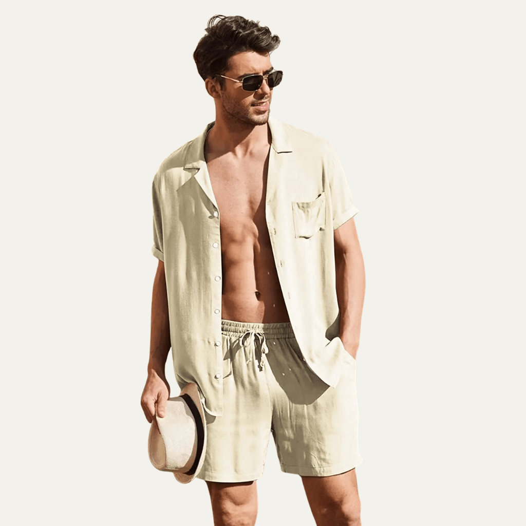 Men's Linen Shirt & Shorts Set - Loose Fit Short Sleeve Button Closure