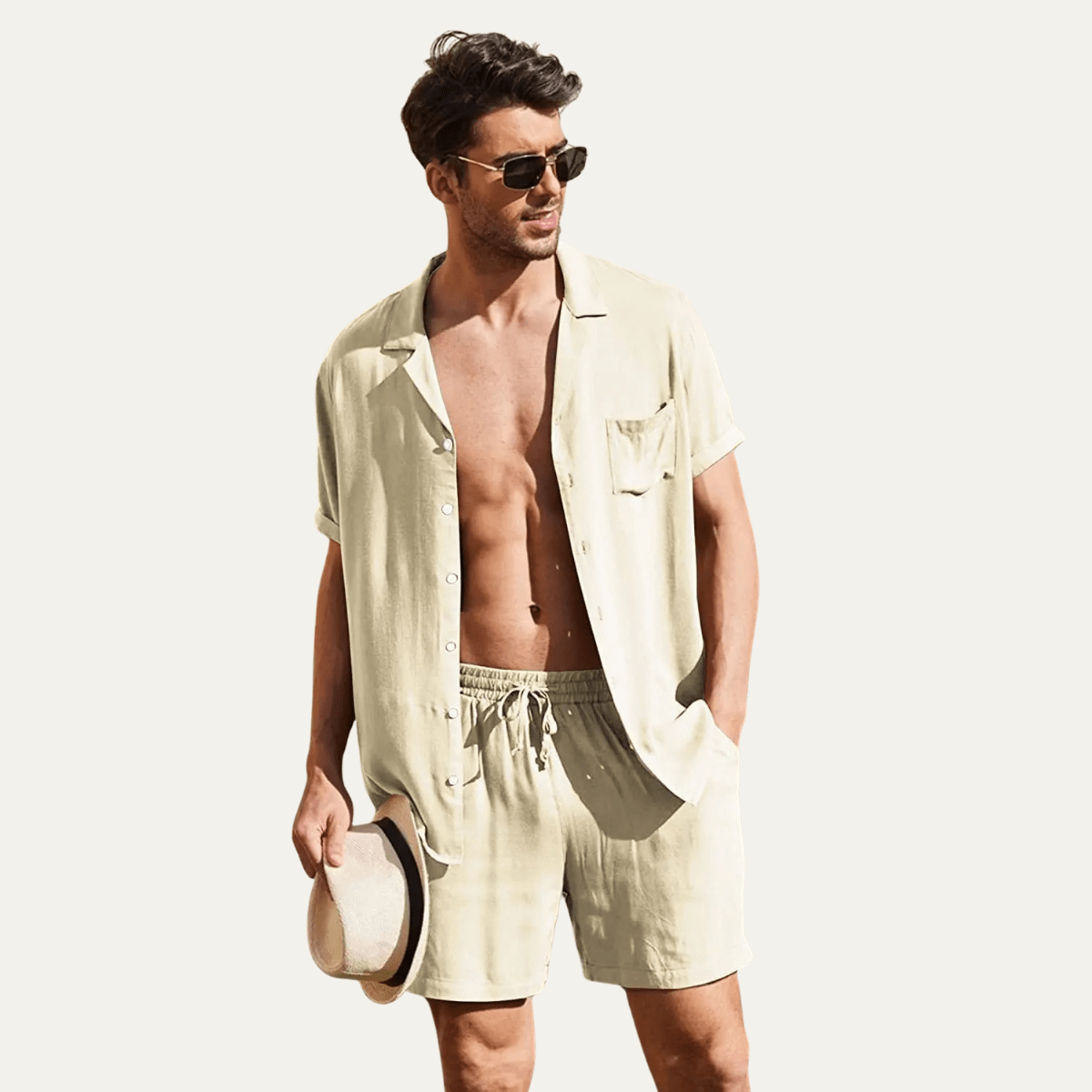 Men's Linen Shirt & Shorts Set - Loose Fit Short Sleeve Button Closure