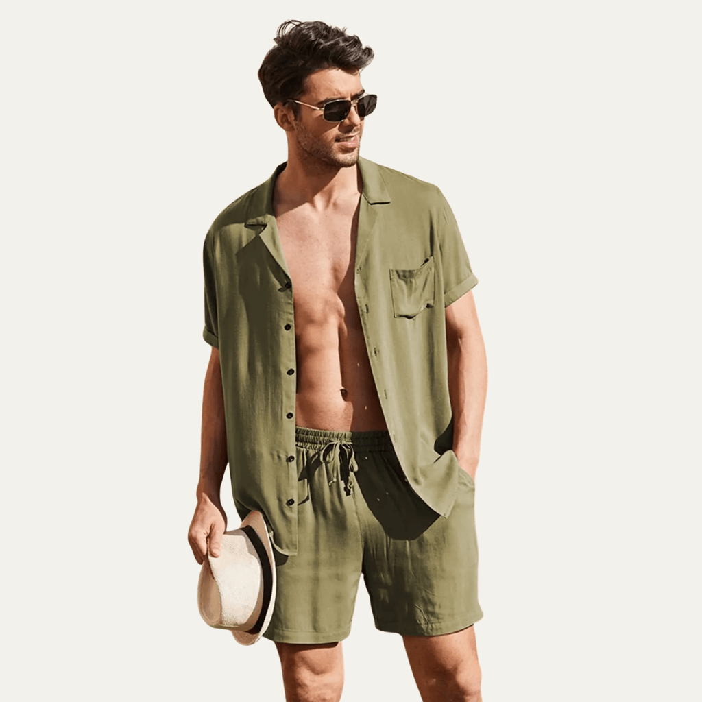 Men's Linen Shirt & Shorts Set - Loose Fit Short Sleeve Button Closure