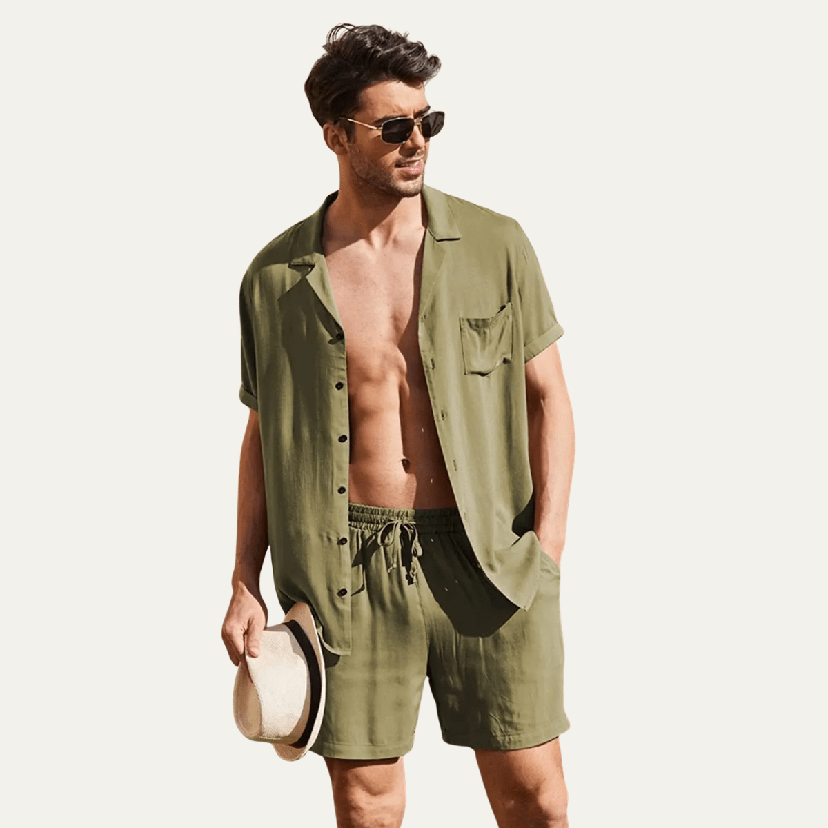 Men's Linen Shirt & Shorts Set - Loose Fit Short Sleeve Button Closure