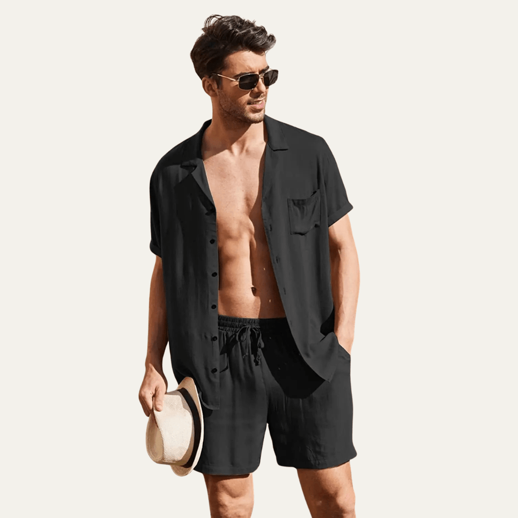 Men's Linen Shirt & Shorts Set - Loose Fit Short Sleeve Button Closure