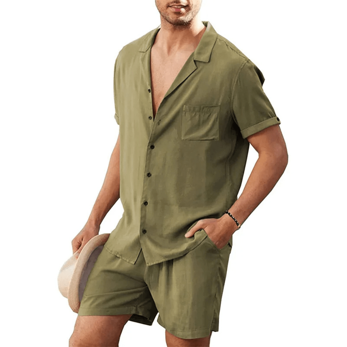 Men's Linen Shirt & Shorts Set - Loose Fit Short Sleeve Button Closure