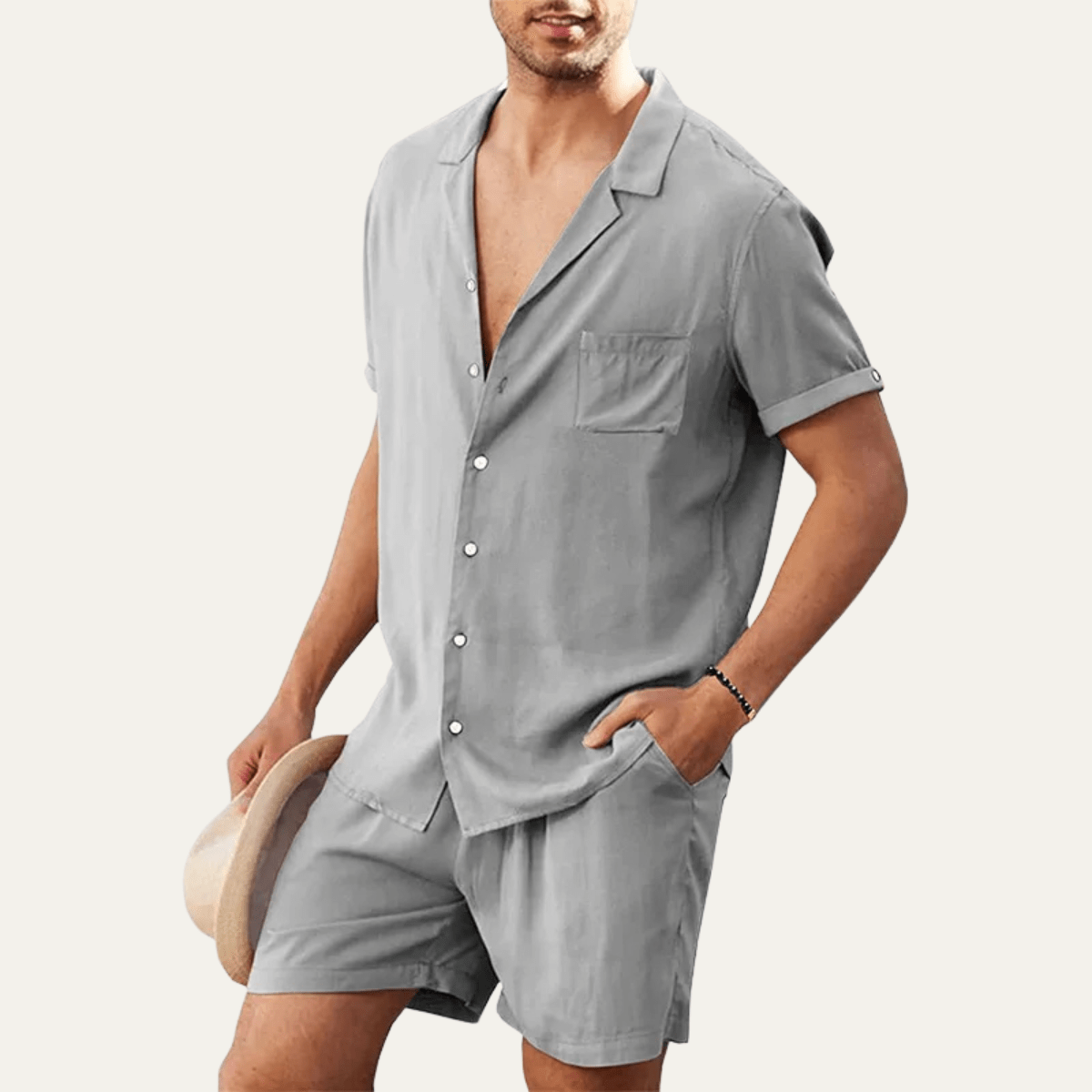 Men's Linen Shirt & Shorts Set - Loose Fit Short Sleeve Button Closure