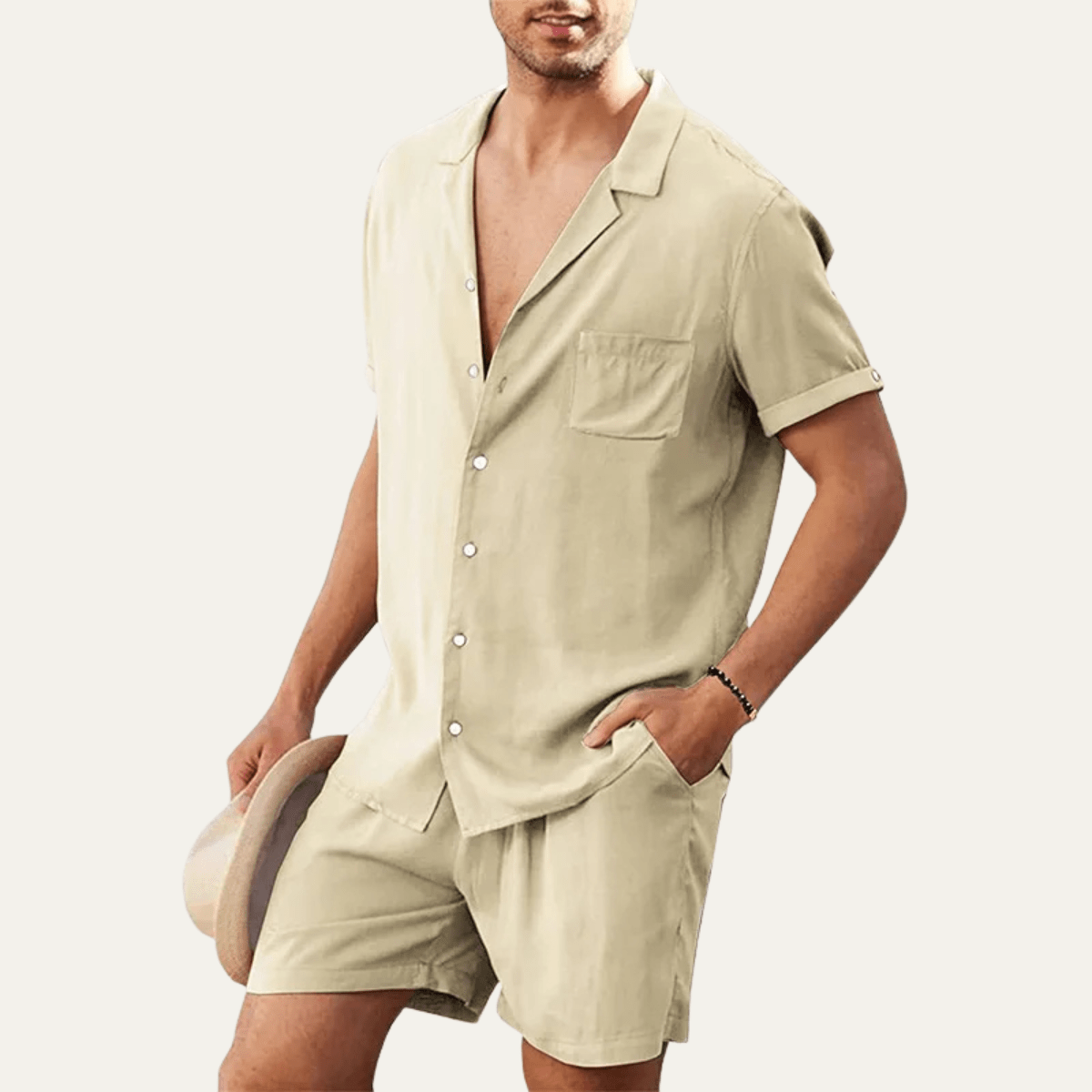 Men's Linen Shirt & Shorts Set - Loose Fit Short Sleeve Button Closure