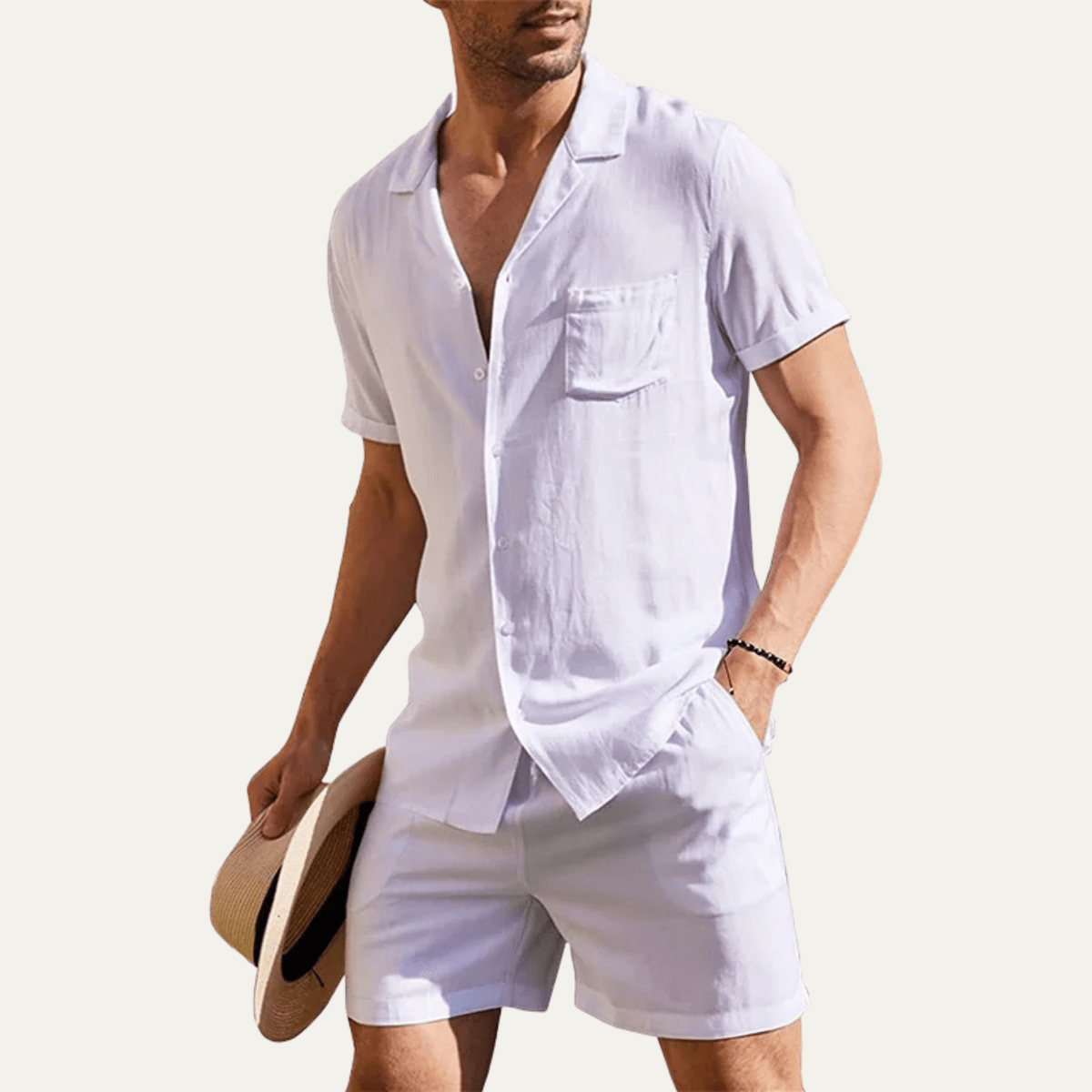 Men's Linen Shirt & Shorts Set - Loose Fit Short Sleeve Button Closure