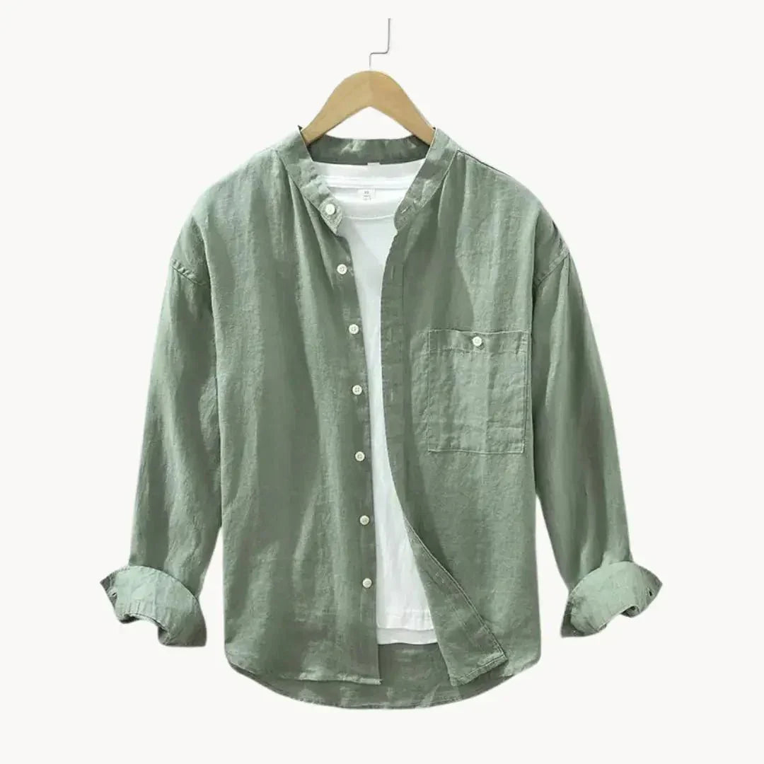Men's Linen Shirt - Slim Fit Chest Pocket Straight Hem