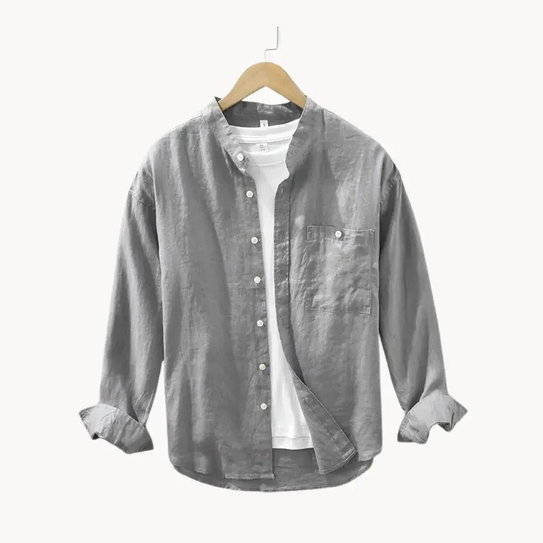 Men's Linen Shirt - Slim Fit Chest Pocket Straight Hem