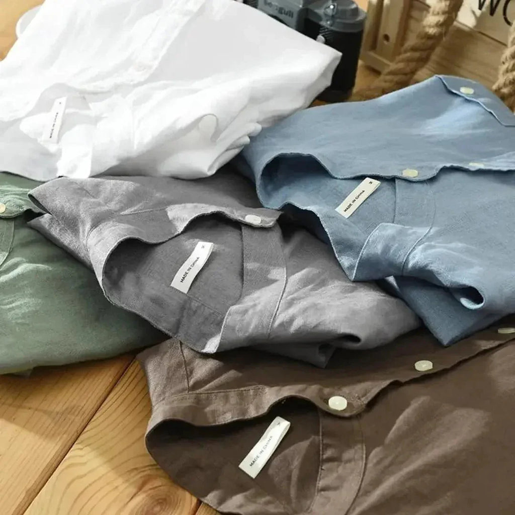 Men's Linen Shirt - Slim Fit Chest Pocket Straight Hem