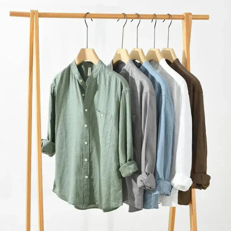 Men's Linen Shirt - Slim Fit Chest Pocket Straight Hem