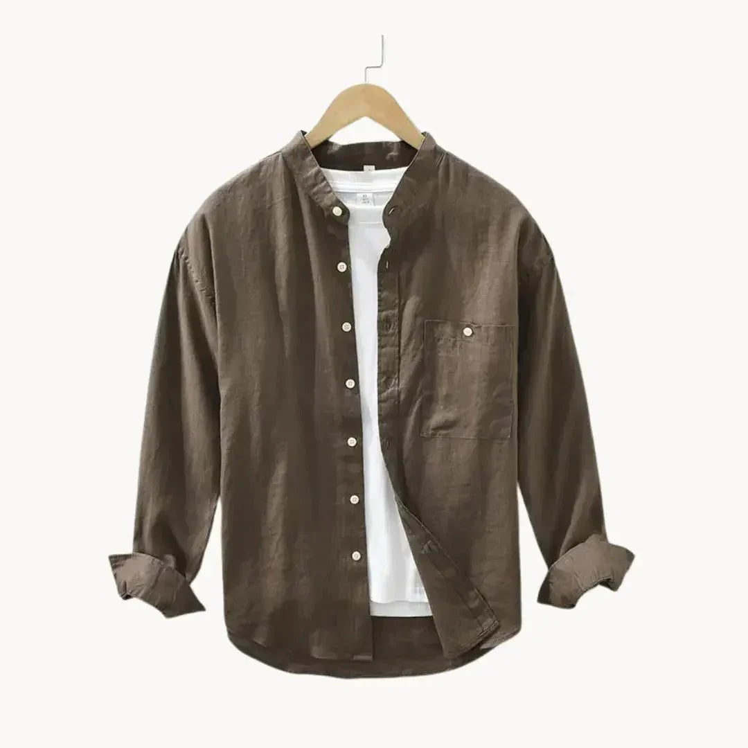 Men's Linen Shirt - Slim Fit Chest Pocket Straight Hem