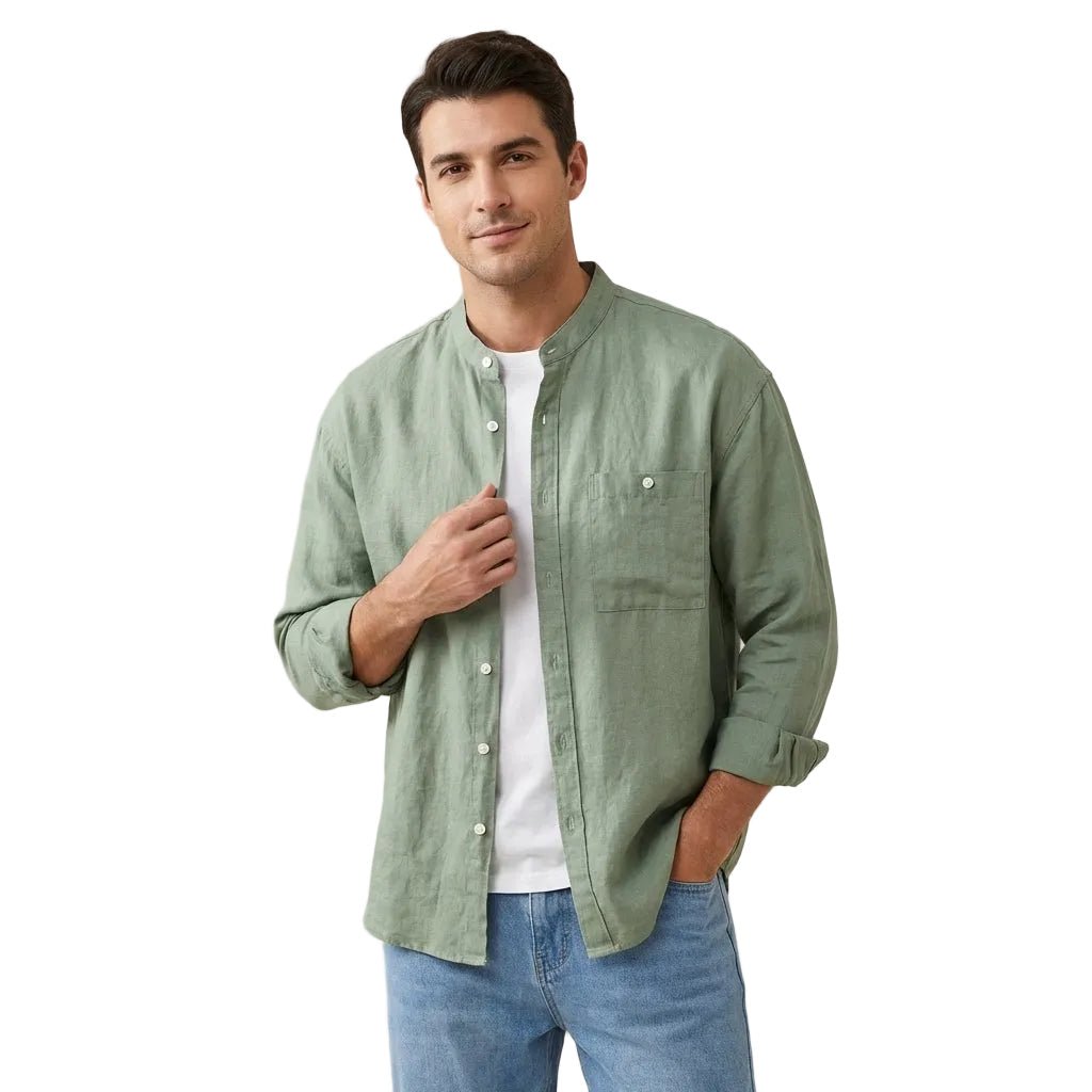 Men's Linen Shirt - Slim Fit Chest Pocket Straight Hem