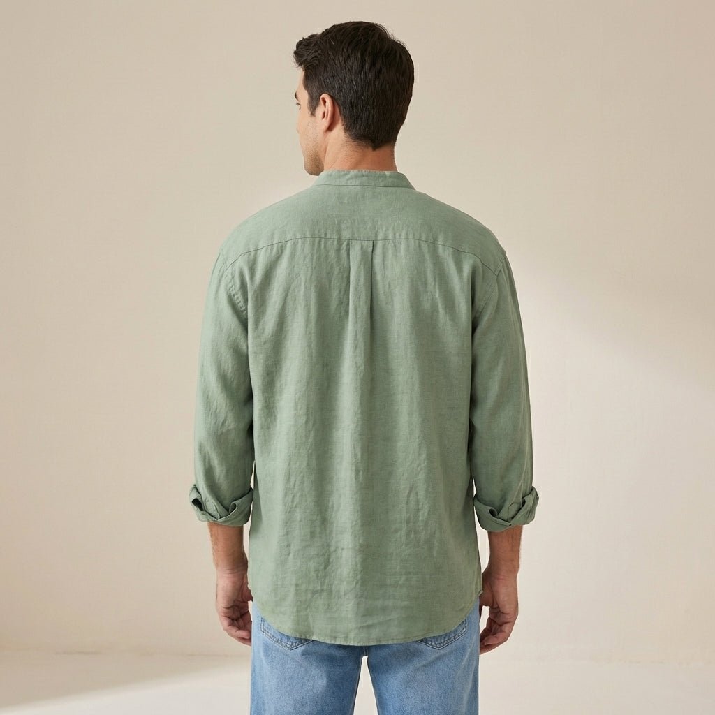 Men's Linen Shirt - Slim Fit Chest Pocket Straight Hem