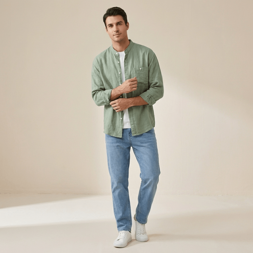 Men's Linen Shirt - Slim Fit Chest Pocket Straight Hem