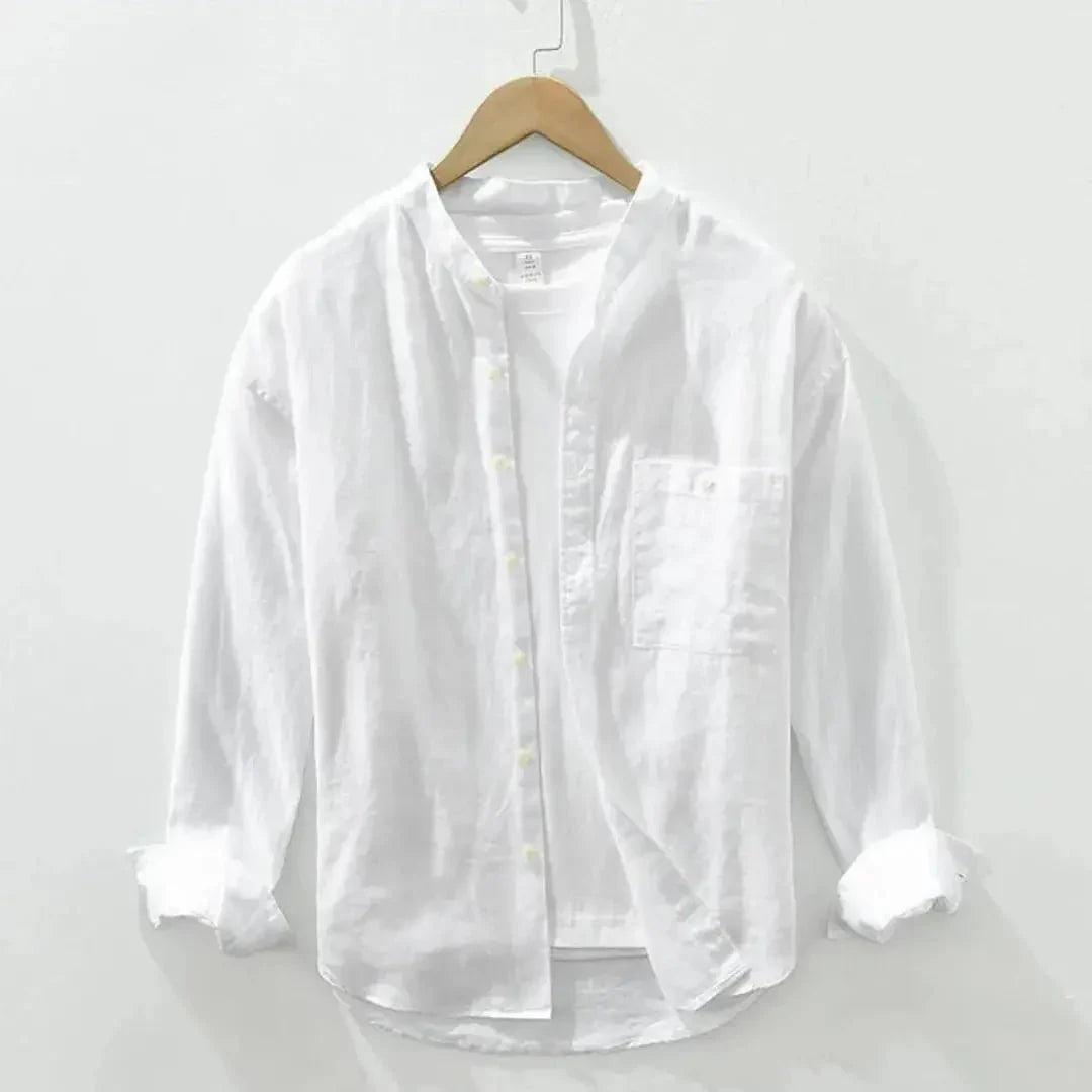 Men's Linen Shirt - Slim Fit Chest Pocket Straight Hem