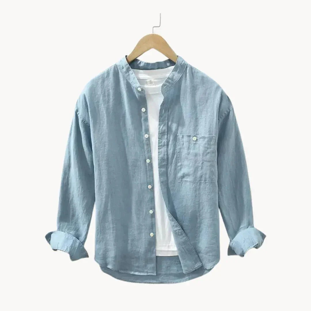Men's Linen Shirt - Slim Fit Chest Pocket Straight Hem