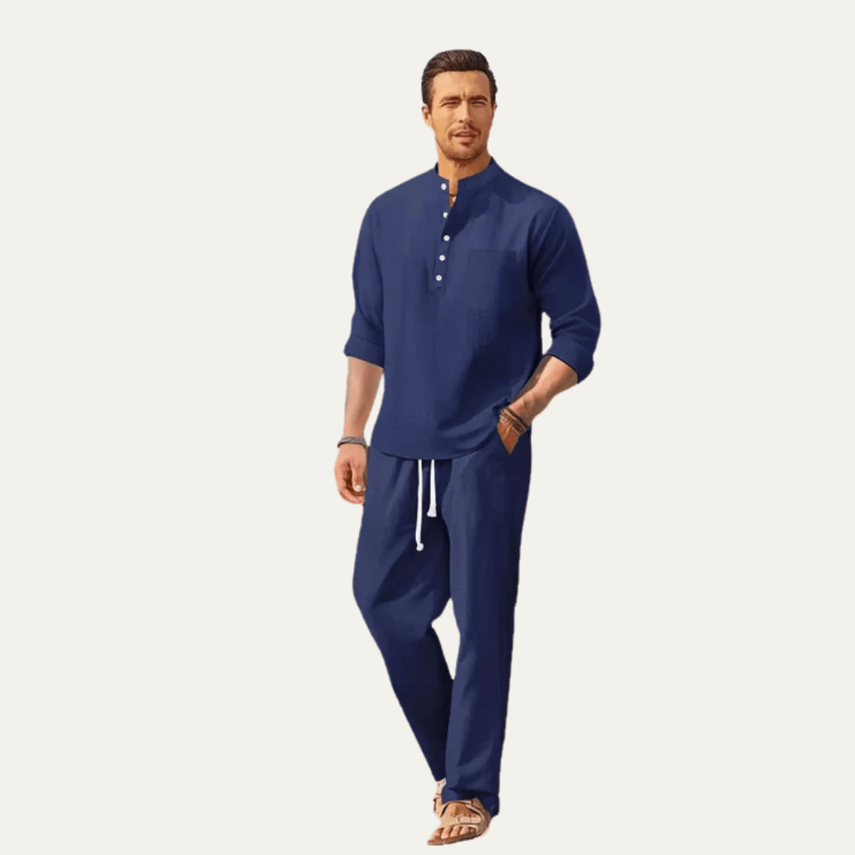 Men's Shirt Set ¡ª Long Sleeve Stand Collar Drawstring Pants