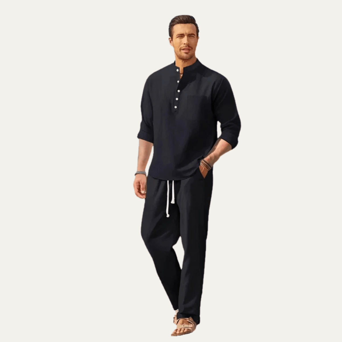 Men's Shirt Set ¡ª Long Sleeve Stand Collar Drawstring Pants