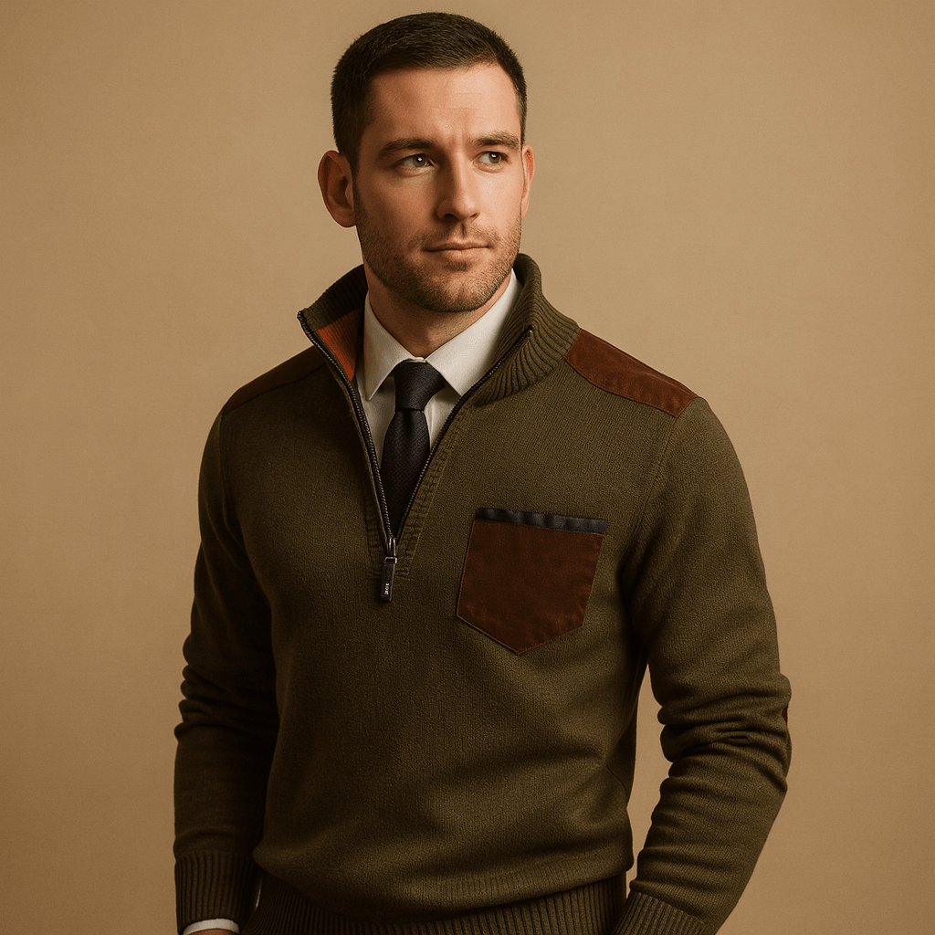 Pullover Sweater Men Half Zip Collared Design with Chest Pocket
