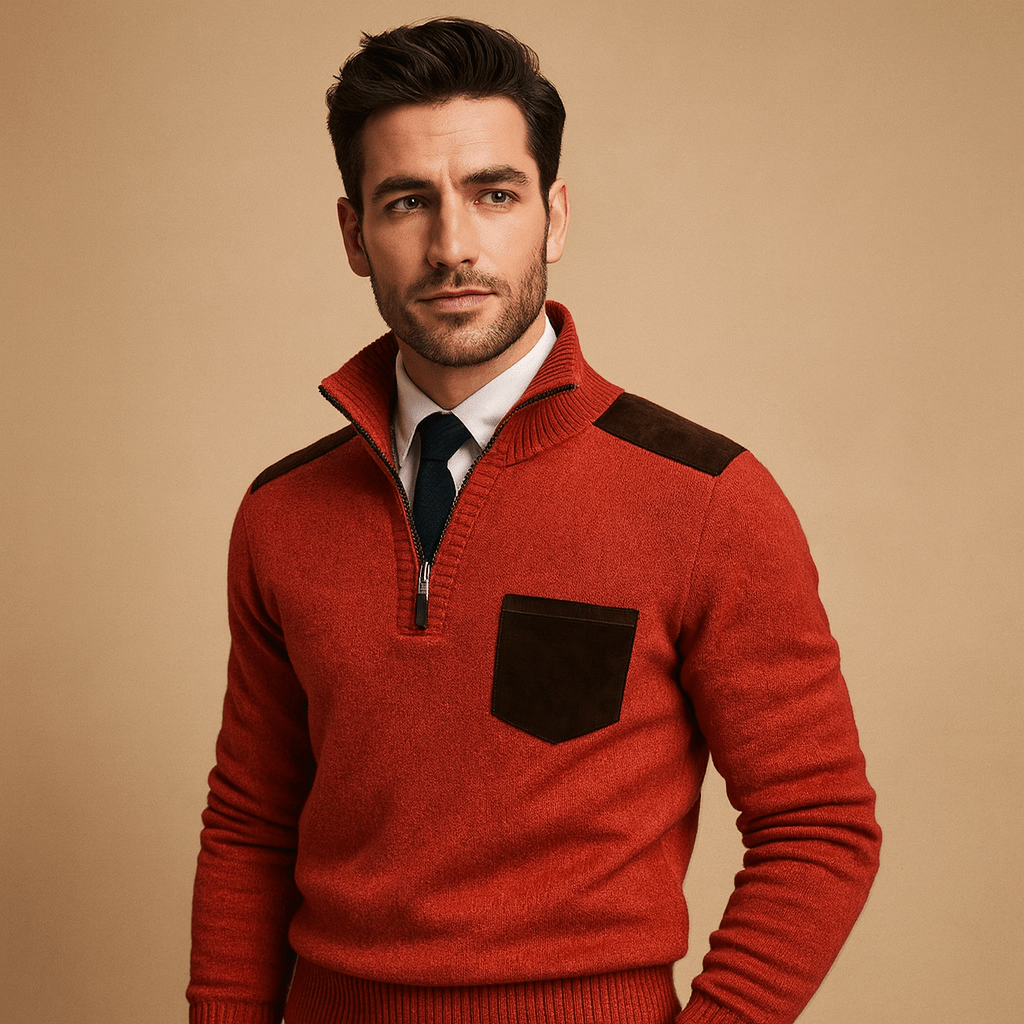 Pullover Sweater Men Half Zip Collared Design with Chest Pocket